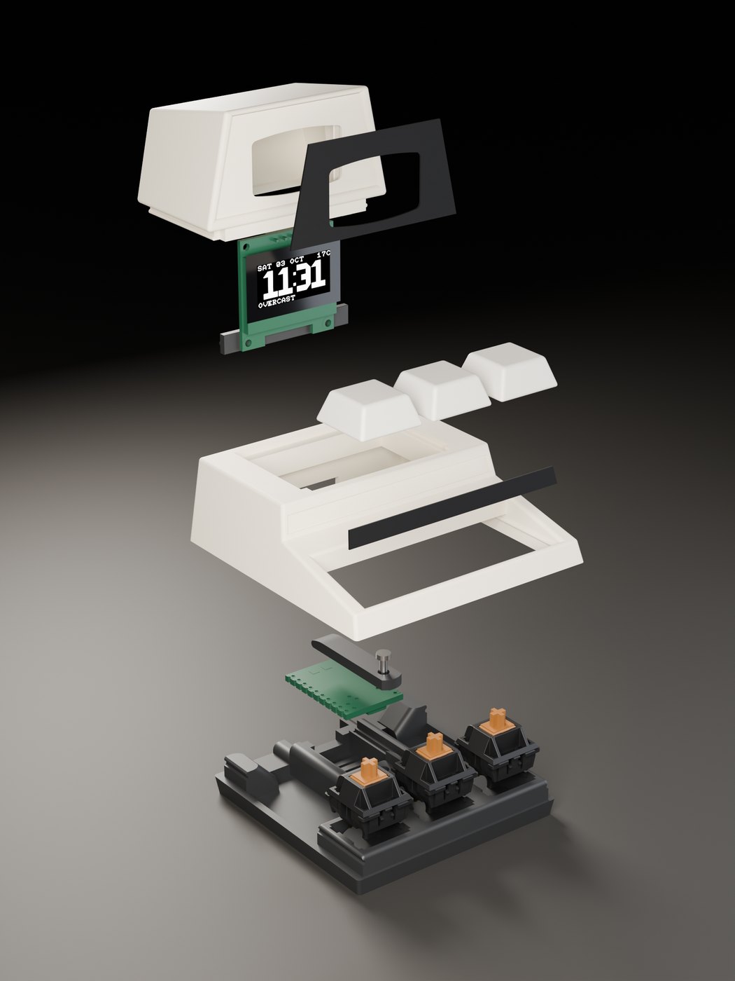 Exploded view: base with three Cherry MX switches, the ESP32-C6-Zero and its holder with one M2 screw, the main frame, keycaps, the monitor with its display and screen frame